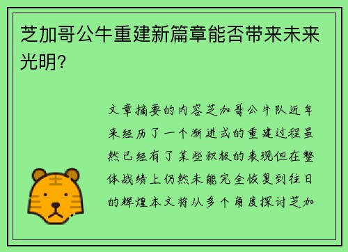 芝加哥公牛重建新篇章能否带来未来光明？