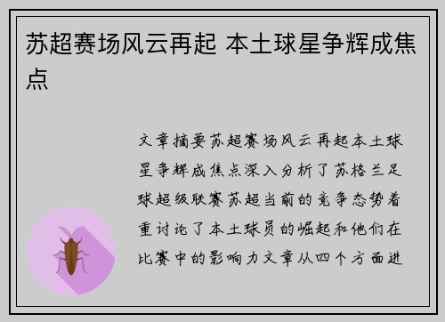 苏超赛场风云再起 本土球星争辉成焦点